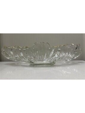 Vintage Jeannette Clear Glass Gondola Bowl Banana Boat Centerpiece Gold Trim 15”